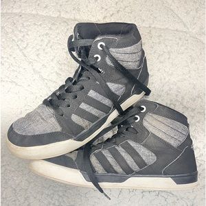 Adidas mid high top, canvas basketball sneaker, black and grey. Size 7